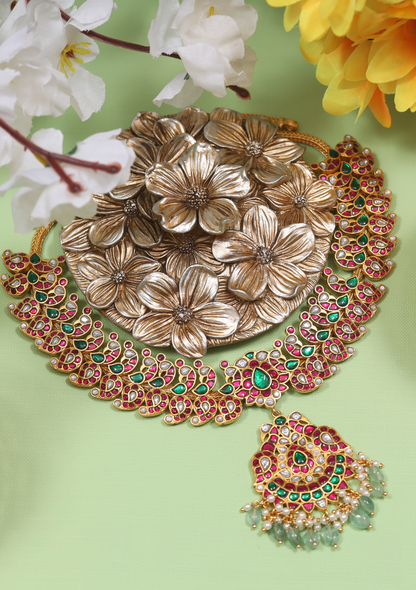Elegant Peacock Moltif Real Jadau Kundan fine work Necklace with Emeralds Green Beads Hangings