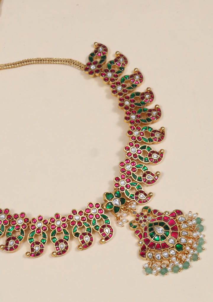 Beautiful Mango with Floral Pattern Jadau Kundan Necklace