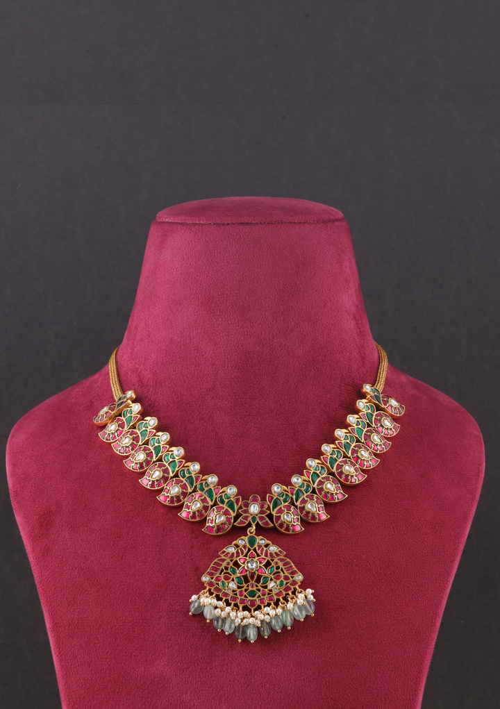 Elegant Designer Peacock Necklace with Real Jadau Kundan, Pearls, and Emerald Green Beads Hangings