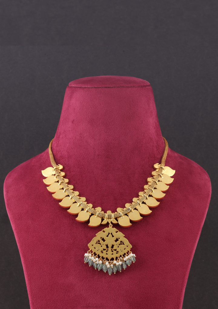 Elegant Designer Peacock Necklace with Real Jadau Kundan, Pearls, and Emerald Green Beads Hangings