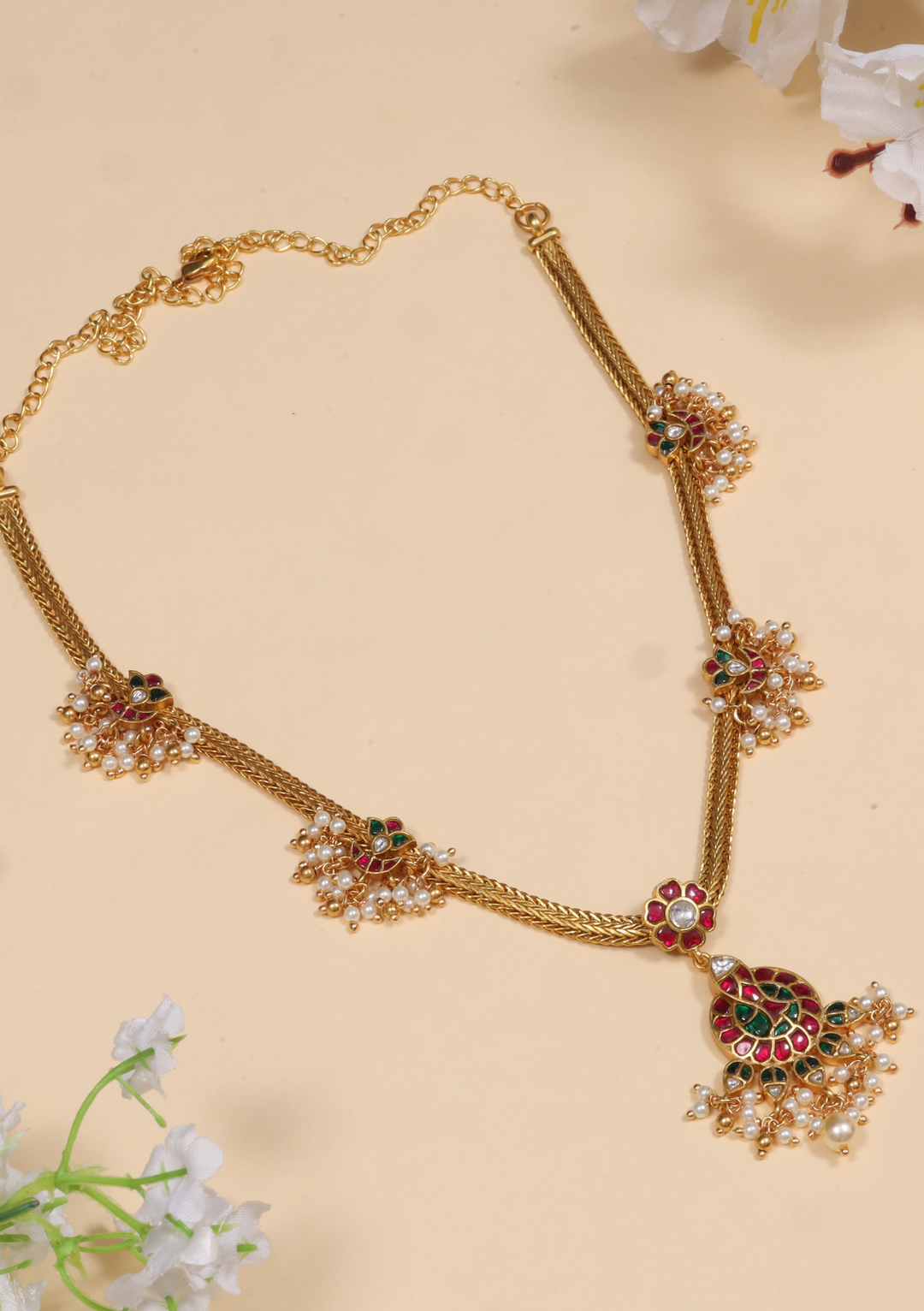 Beautiful Simple Designer Jadau Kundan Short Necklace with Pearls Hangings