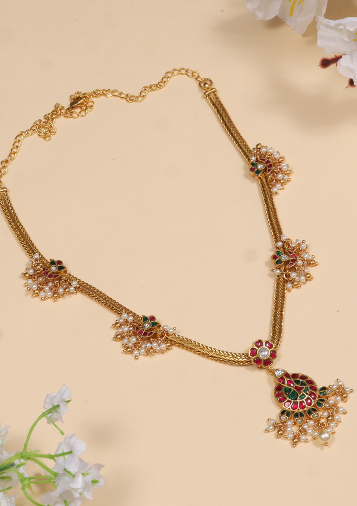 Beautiful Simple Designer Jadau Kundan Short Necklace with Pearls Hangings