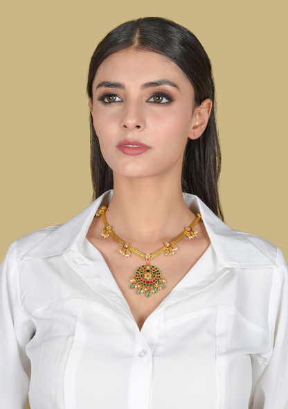 Exquisite Jadau Kundan Short Necklace with Green Emerald Hangings