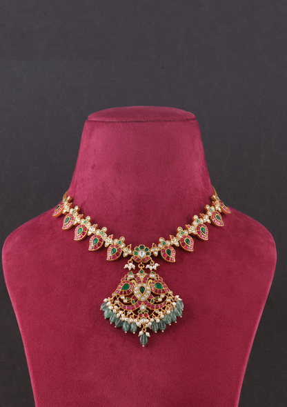 Classic Jadau Kundan Necklace with Mango Chain and Designer Peacock Pendant