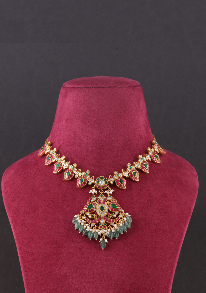 Classic Jadau Kundan Necklace with Mango Chain and Designer Peacock Pendant