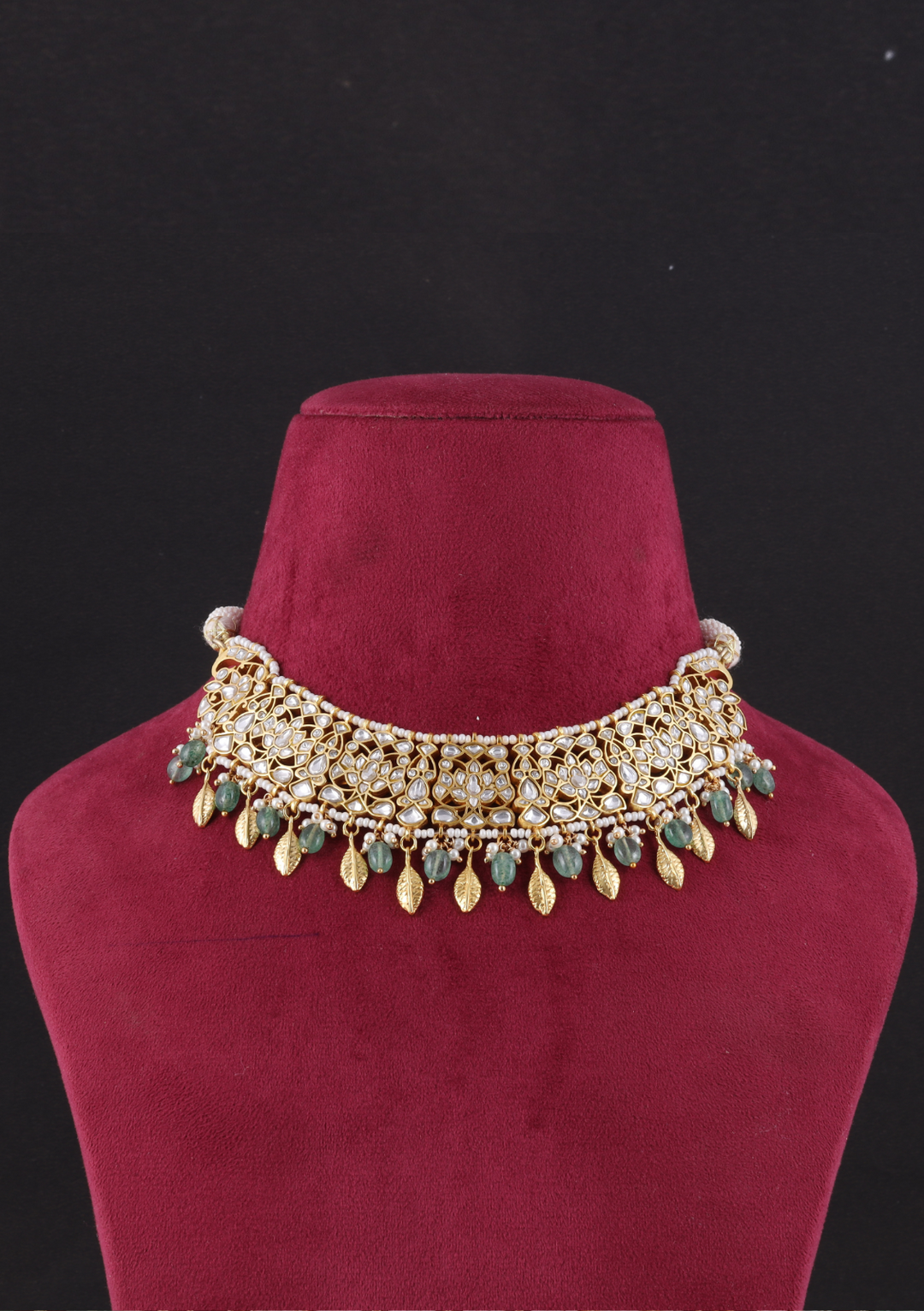 Anuradha White Jadau Kundan Necklace with Emerald Beads Hangings