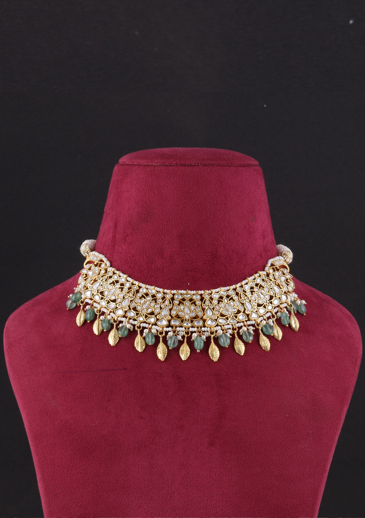 Anuradha White Jadau Kundan Necklace with Emerald Beads Hangings