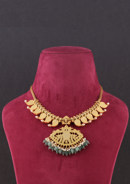 Classic Gold Plated Jadau Kundan Mango Necklace with Green Beads Hangings