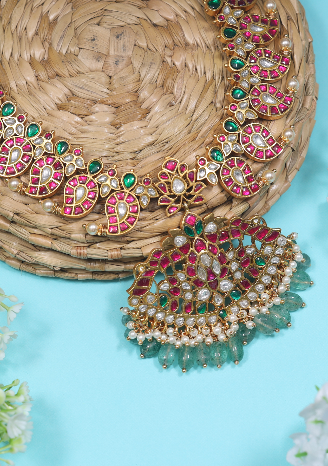 Classic Gold Plated Jadau Kundan Mango Necklace with Green Beads Hangings