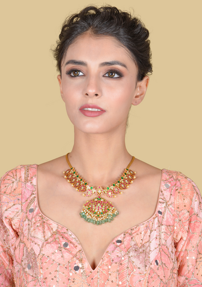 Classic Gold Plated Jadau Kundan Mango Necklace with Green Beads Hangings