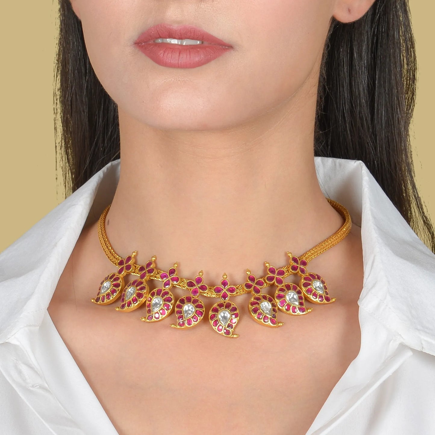 Beautiful Classic Mango Jadau Kundan Short Haram Necklace