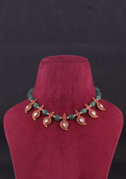 Classic Mango Jadau Kundan Short Necklace Earring Set with Green Emerald Beads