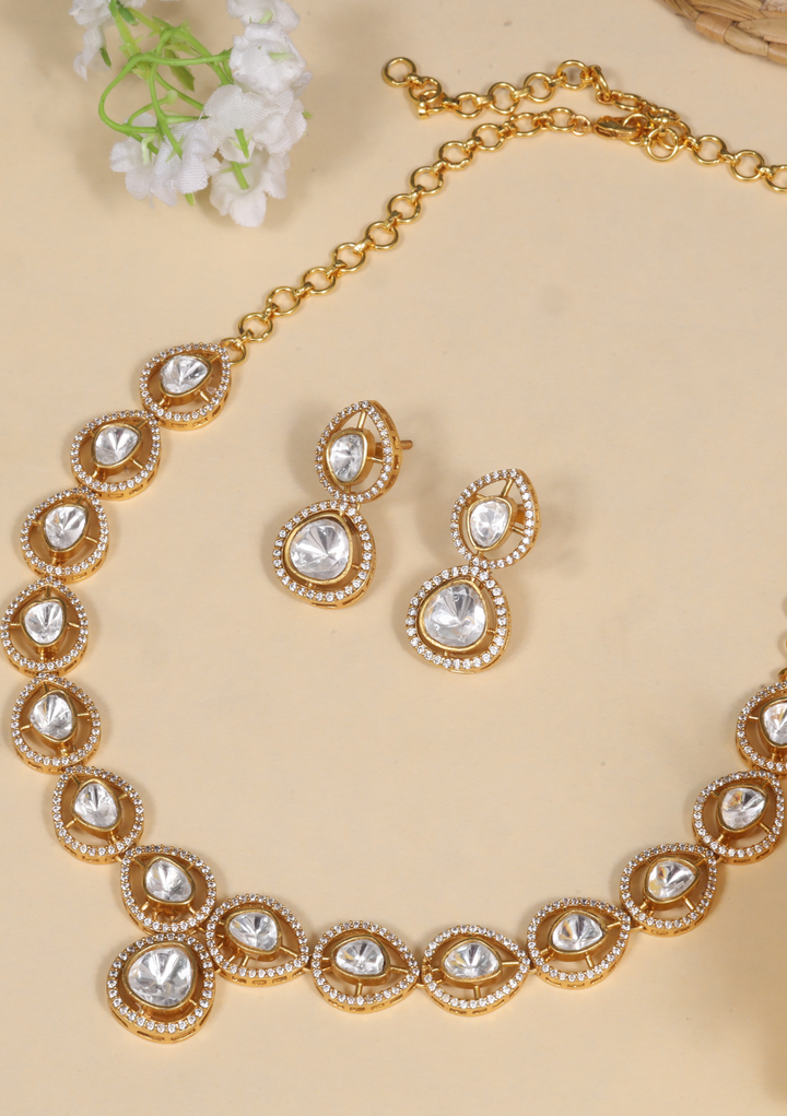 Simple and Elegant Moissanite Polki Necklace Earring Set