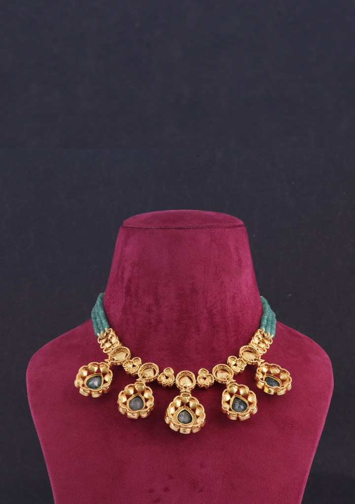 Beautiful Green Emerald Moissanite Polki Necklace Earring Set