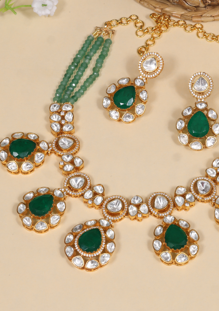 Beautiful Green Emerald Moissanite Polki Necklace Earring Set