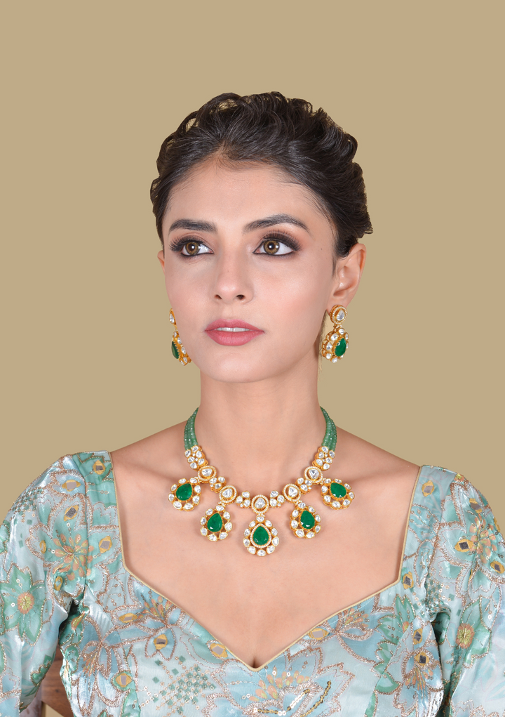 Beautiful Green Emerald Moissanite Polki Necklace Earring Set