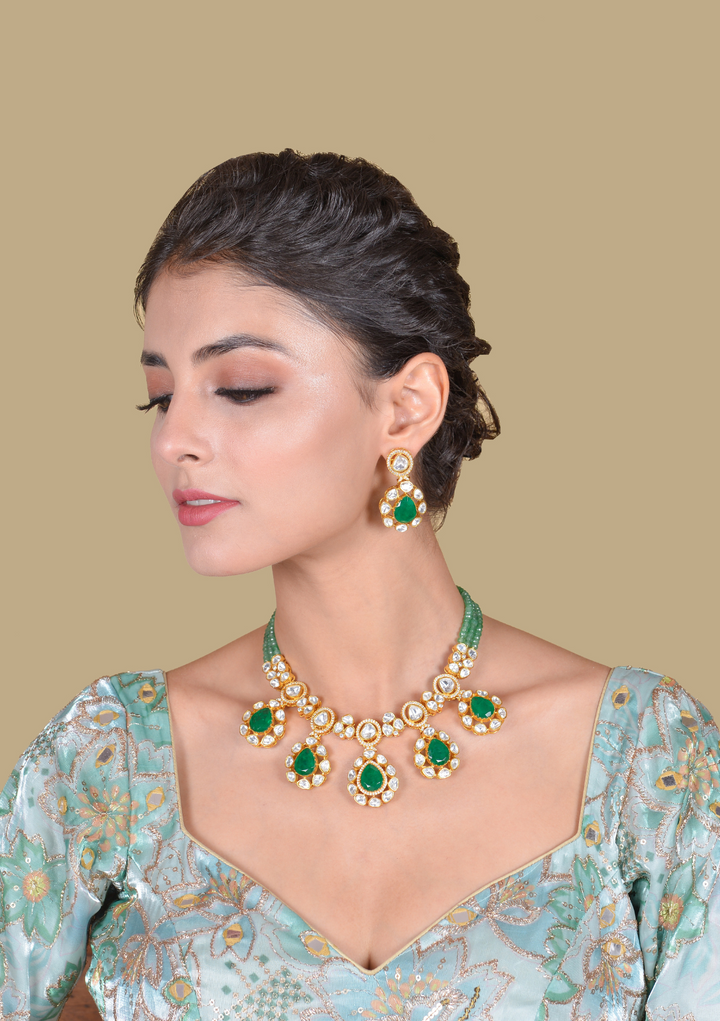 Beautiful Green Emerald Moissanite Polki Necklace Earring Set