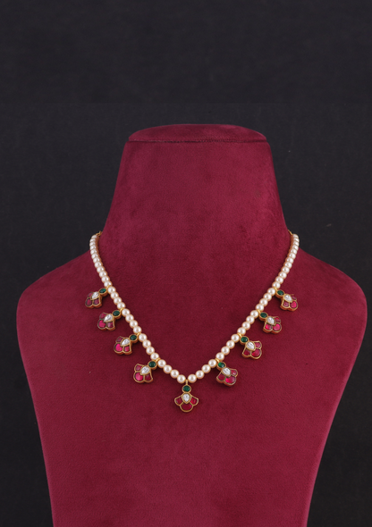 Simple and Beautiful Peals Chain Necklace Earring Set with Jadau Kundan Motifs