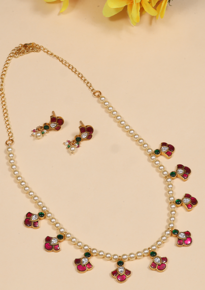 Simple and Beautiful Peals Chain Necklace Earring Set with Jadau Kundan Motifs