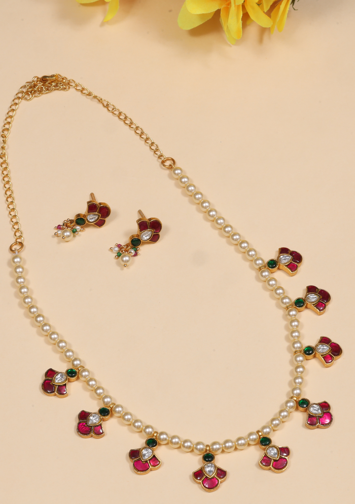 Simple and Beautiful Peals Chain Necklace Earring Set with Jadau Kundan Motifs