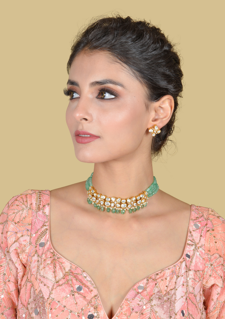 Unique and Simple Moissanite Polki Necklace Earring Set
