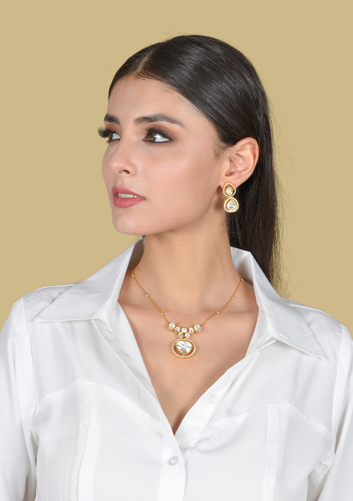 Dainty Elegant Moissanite Polki Necklace Earring Set
