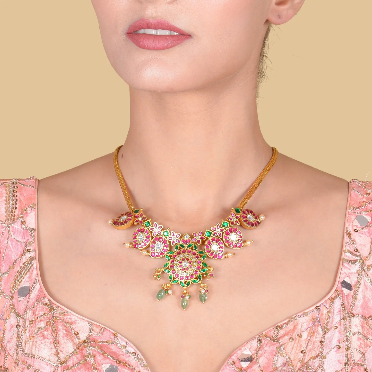 Grand Jadau Kundan Handcrafted Mango Short Necklace