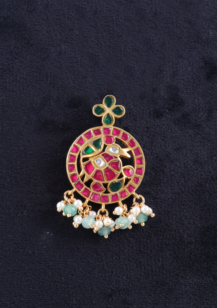Classic Round Jadau Kundan Designer Pendant with Pearl and Green Beads Hangings