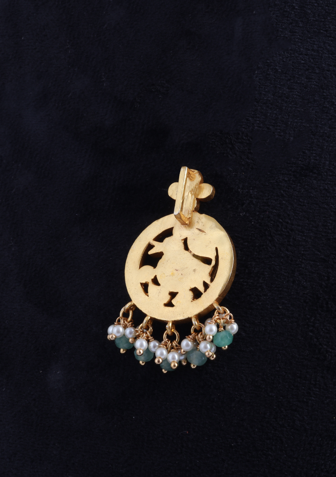 Classic Round Jadau Kundan Designer Pendant with Pearl and Green Beads Hangings