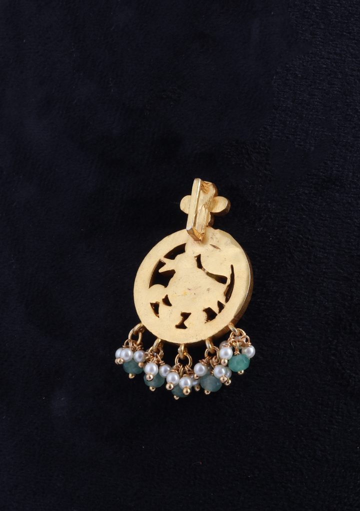 Classic Round Jadau Kundan Designer Pendant with Pearl and Green Beads Hangings