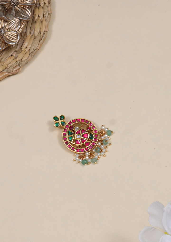 Classic Round Jadau Kundan Designer Pendant with Pearl and Green Beads Hangings