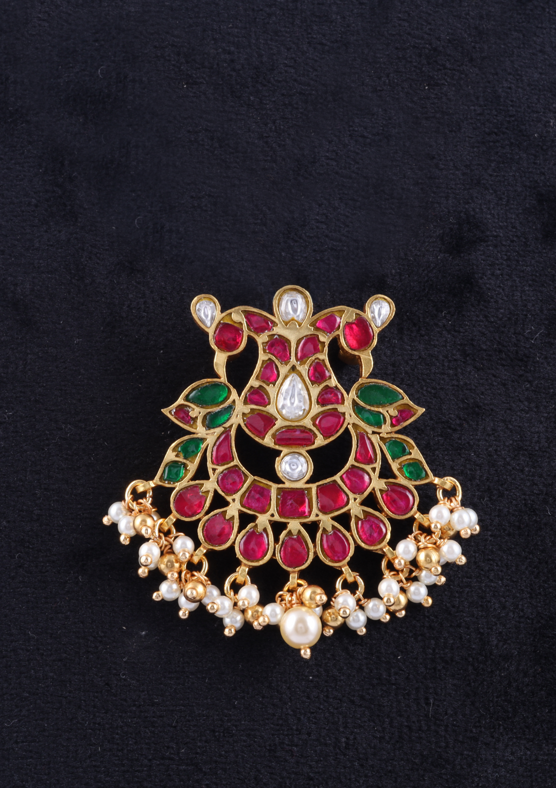 Classic Ruby and Emerald Jadau Kundan Pendant with Pearl Hangings