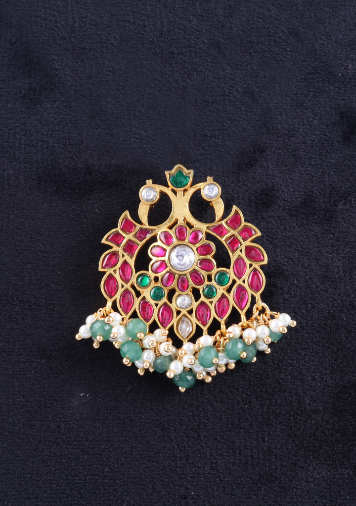 Unique and Beautiful Designer Jadau Kundan Pendant with Pearl and Green Beads Hangings