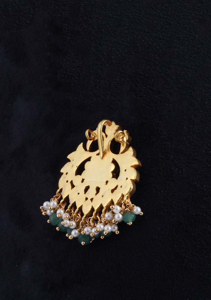 Unique and Beautiful Designer Jadau Kundan Pendant with Pearl and Green Beads Hangings