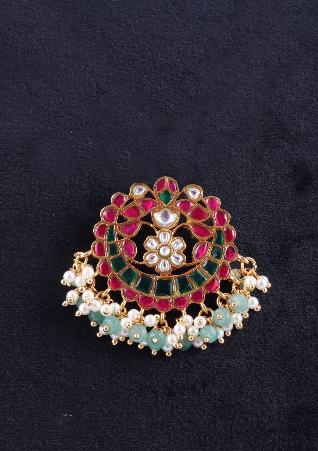 Simple and Beautiful Jadau Kundan Pendant with Pearl and Green Beads Hangings