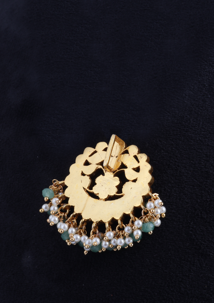 Simple and Beautiful Jadau Kundan Pendant with Pearl and Green Beads Hangings