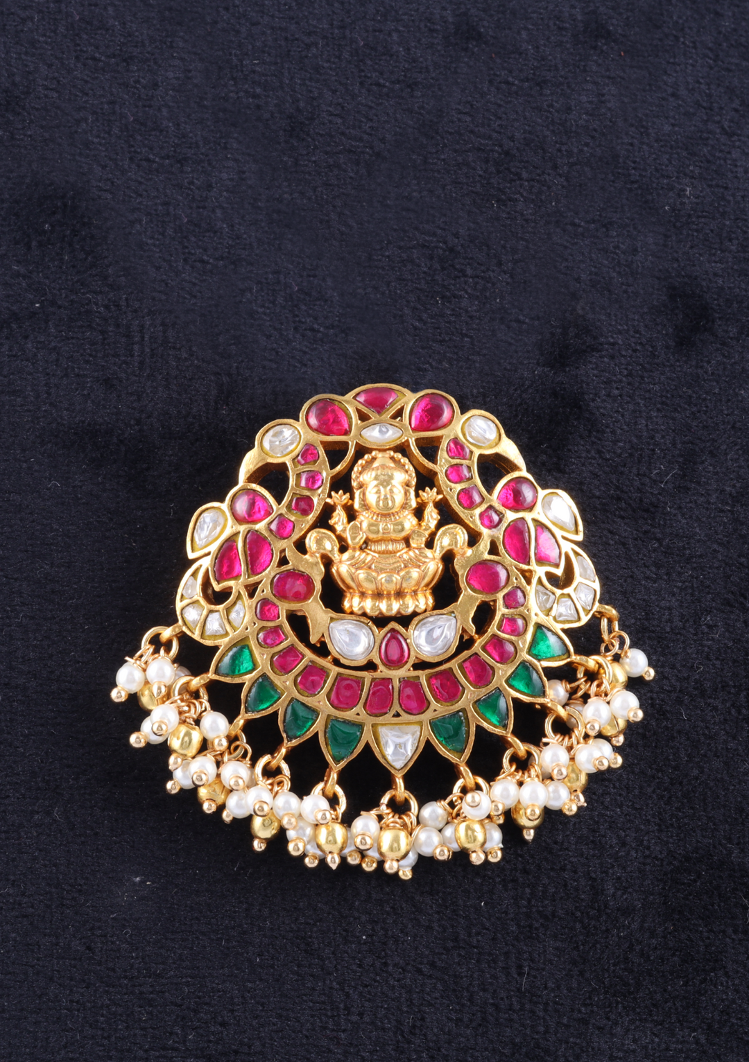 Goddess Lakshmi Peacock Jadau Kundan Pendant with Pearl Beads Hangings