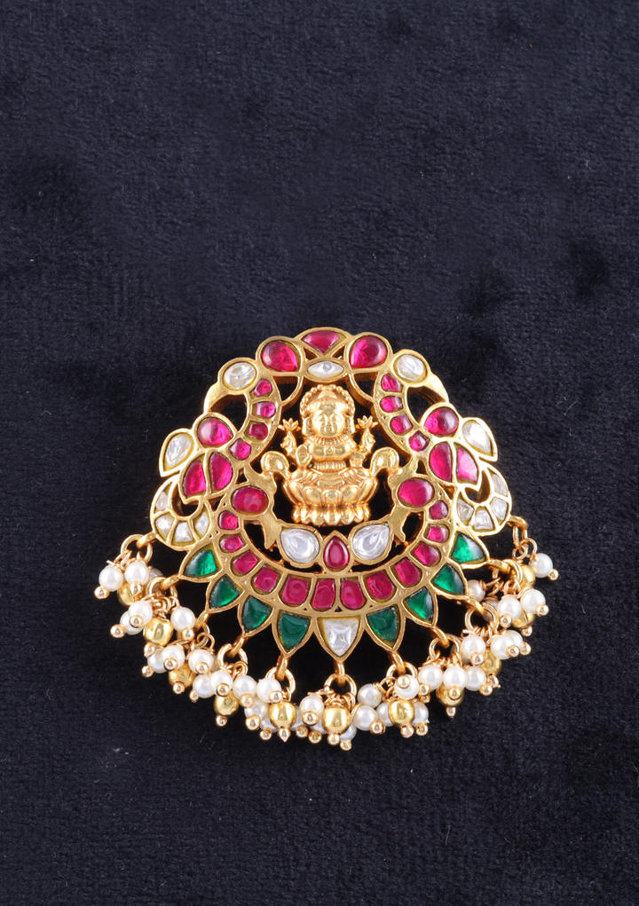 Goddess Lakshmi Peacock Jadau Kundan Pendant with Pearl Beads Hangings