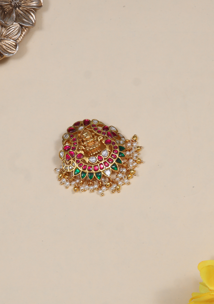 Goddess Lakshmi Peacock Jadau Kundan Pendant with Pearl Beads Hangings