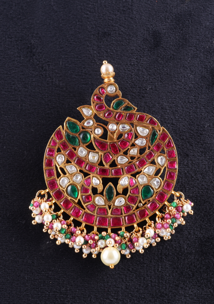 Stylish Classic Peacock Jadau Kundan Pendant with Pearl and Colour Stone Hangings