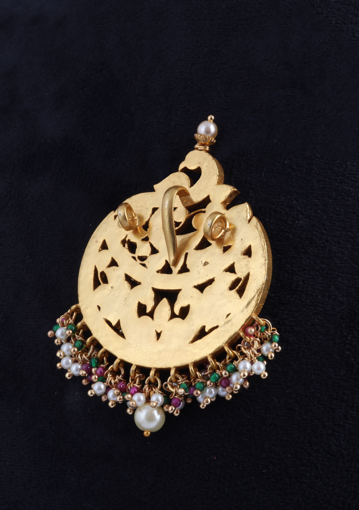 Stylish Classic Peacock Jadau Kundan Pendant with Pearl and Colour Stone Hangings