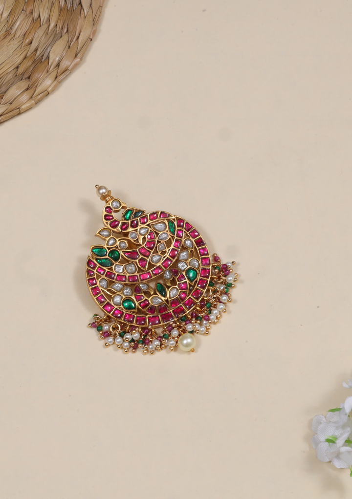 Stylish Classic Peacock Jadau Kundan Pendant with Pearl and Colour Stone Hangings