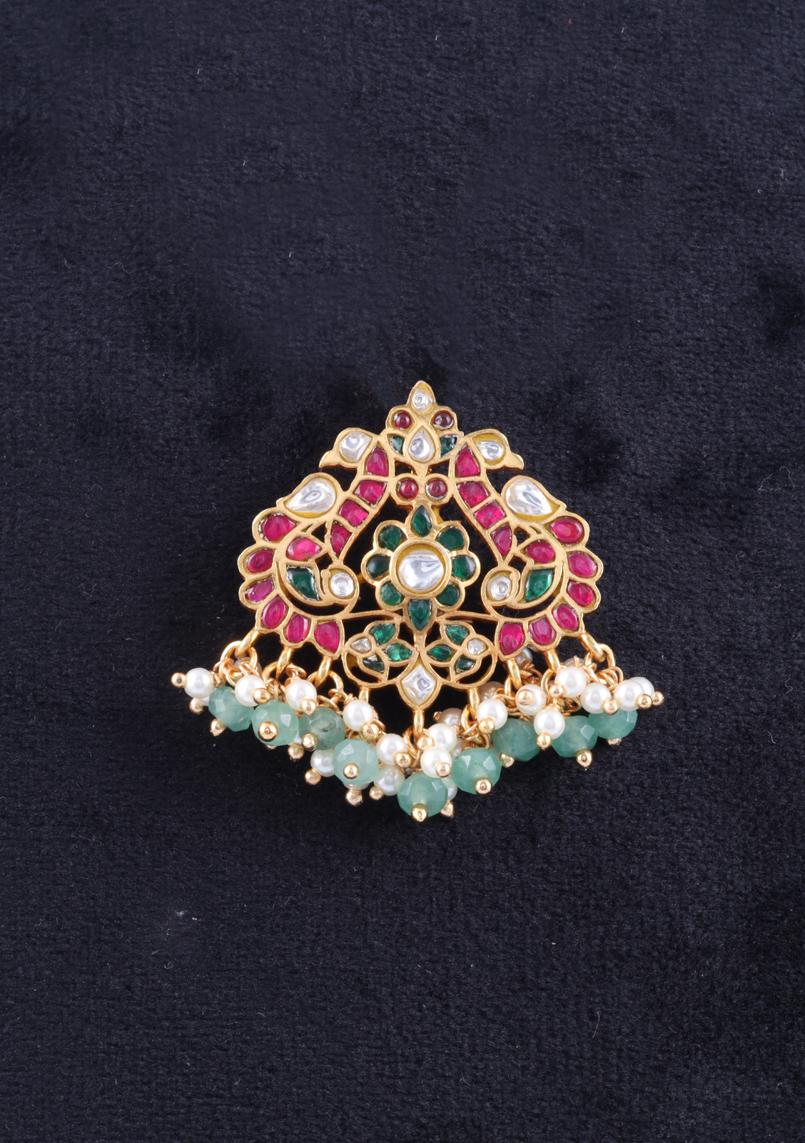 Classic Dual Peacock Designer Jadau Kundan Pendant with Pearl and Green Beads Hangings