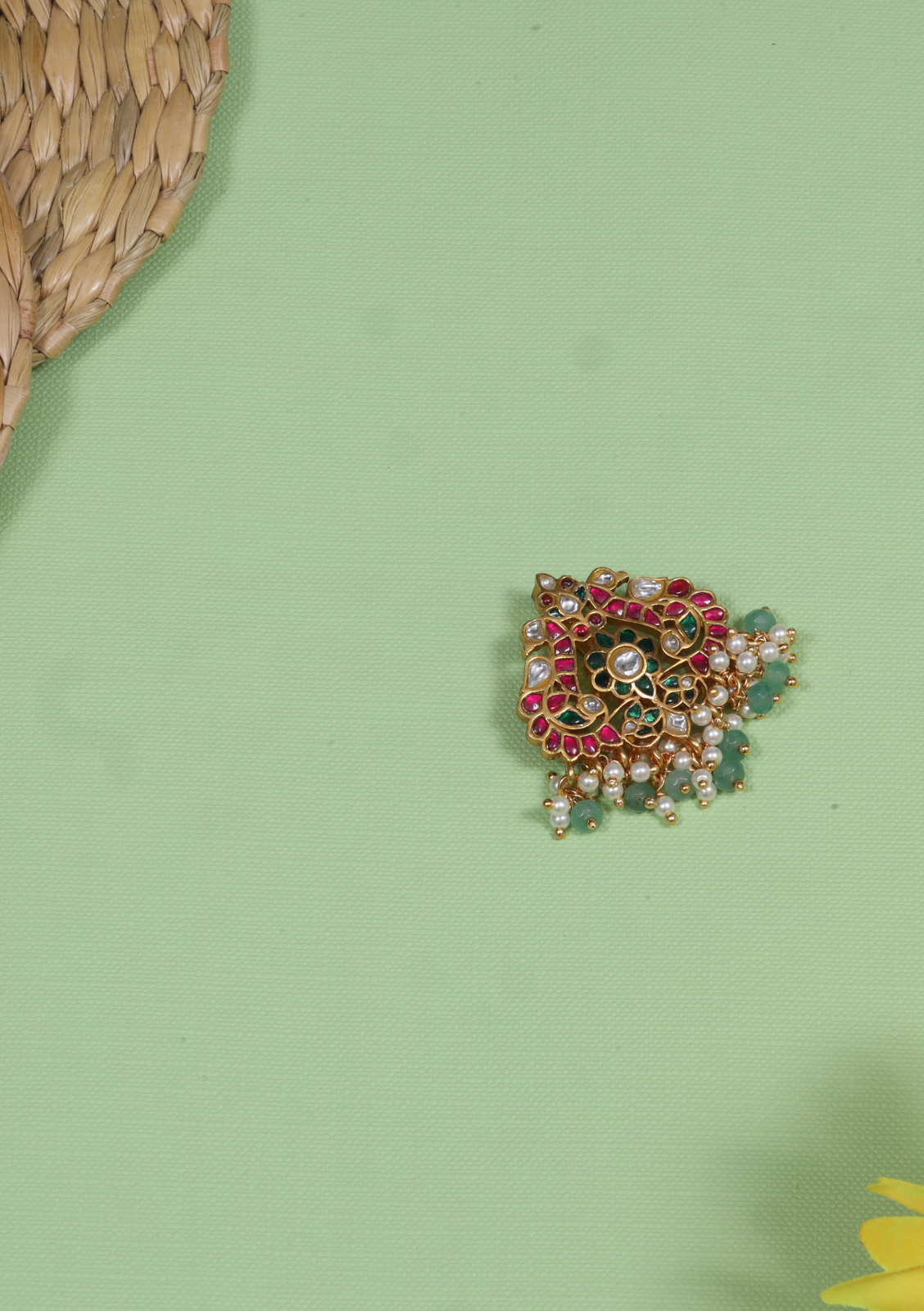 Classic Dual Peacock Designer Jadau Kundan Pendant with Pearl and Green Beads Hangings