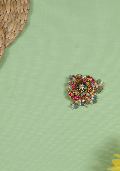 Classic Dual Peacock Designer Jadau Kundan Pendant with Pearl and Green Beads Hangings