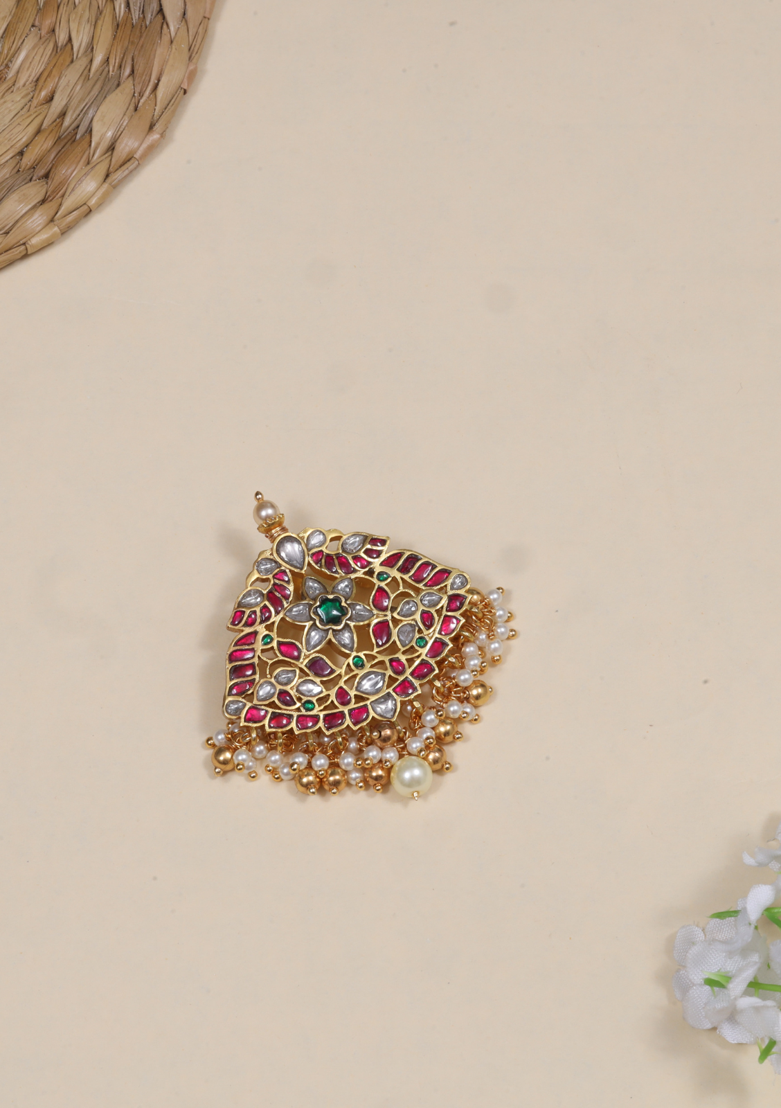 Elegant Designer Jadau Kundan Pendant with Beautiful Pearl Hangings