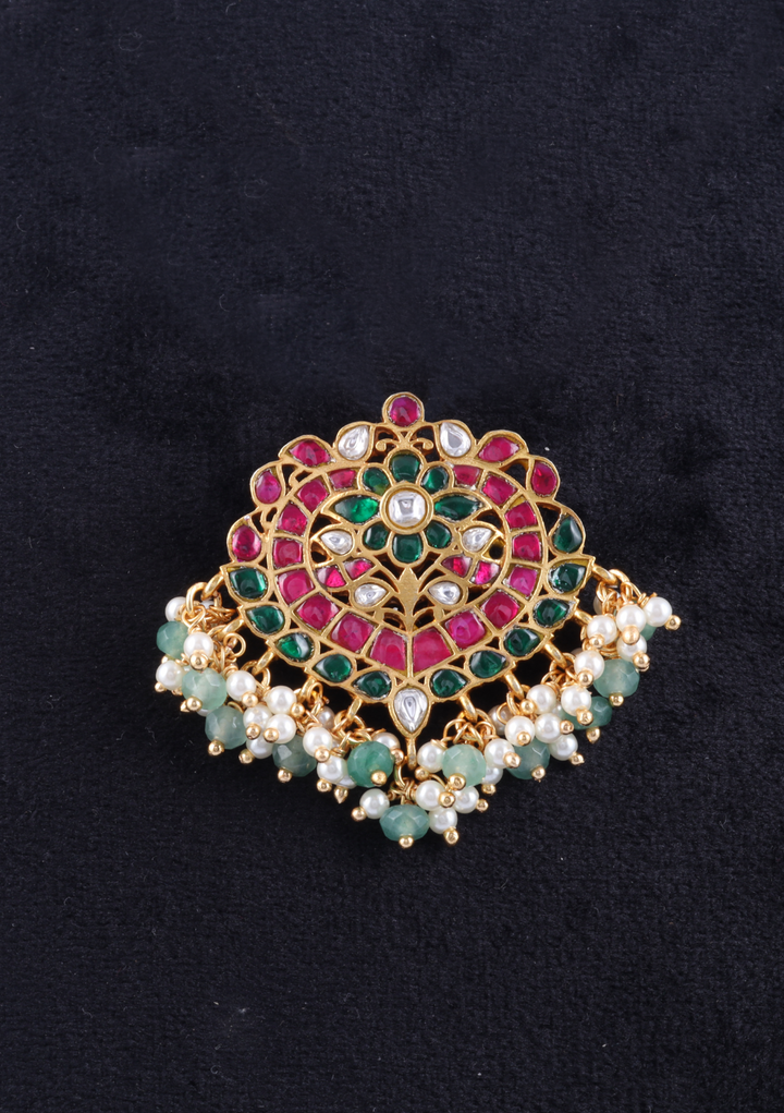 Stunning Jadau Kundan Designer Pendant with Pearl and Green Beads Hangings