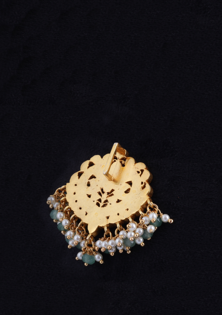 Stunning Jadau Kundan Designer Pendant with Pearl and Green Beads Hangings