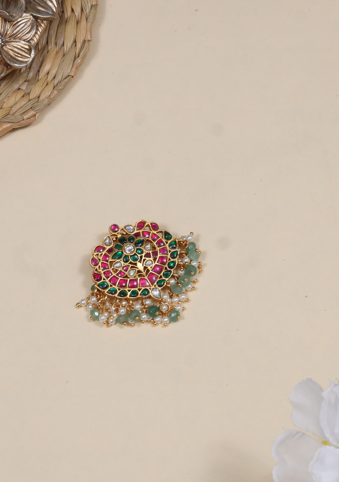 Stunning Jadau Kundan Designer Pendant with Pearl and Green Beads Hangings