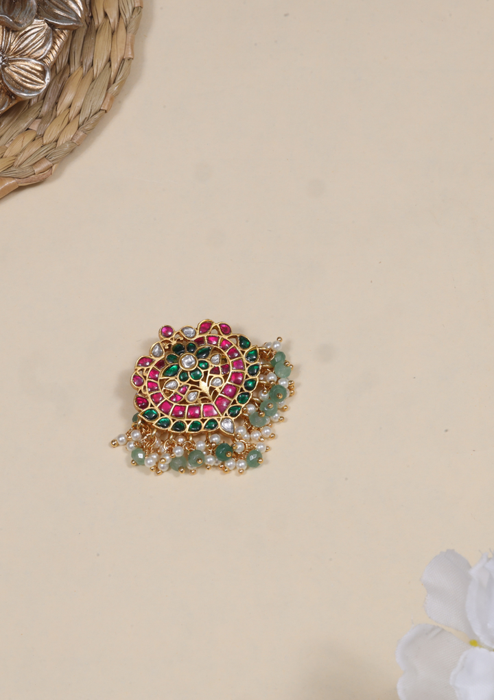 Stunning Jadau Kundan Designer Pendant with Pearl and Green Beads Hangings